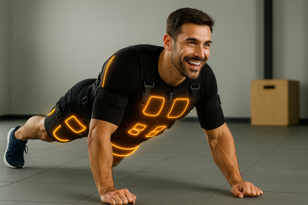 Een blije brunette man die pushups doet met een EMS-pak