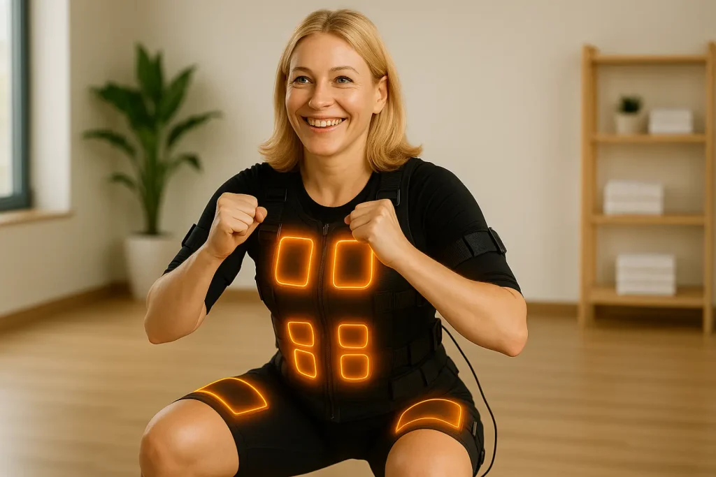 Een blonde, blije vrouw die traint met een EMS pak